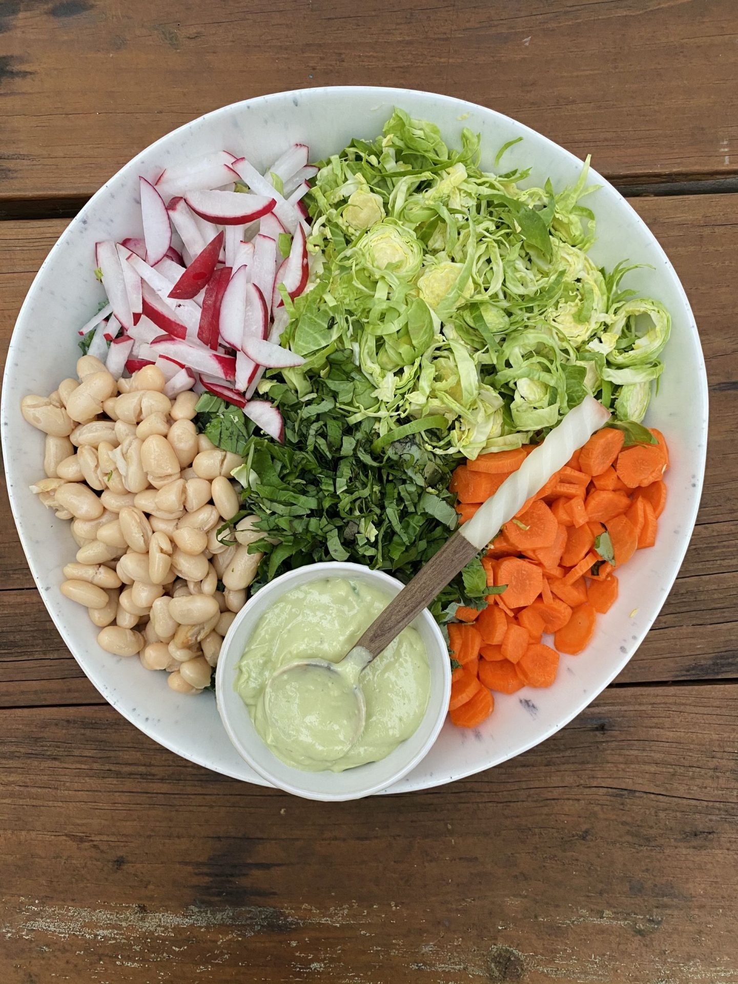 Kale + Brussels Salad with Avocado Tahini Dressing